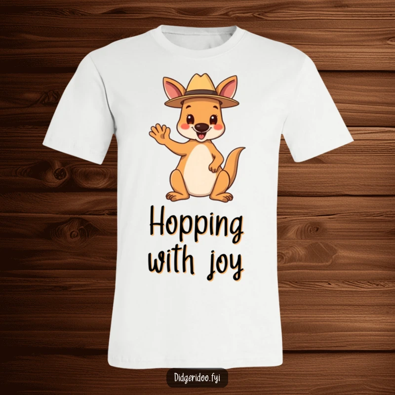 Funny T-Shirt: A happy kangaroo wearing a tiny Akubra hat waves cheerfully, a humorous and iconic Australian design.