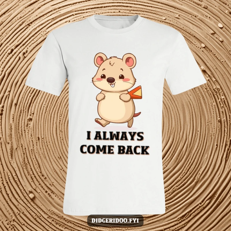 Funny wombat t-shirt featuring a cheerful wombat waddling happily, holding a tiny boomerang, radiating positivity.