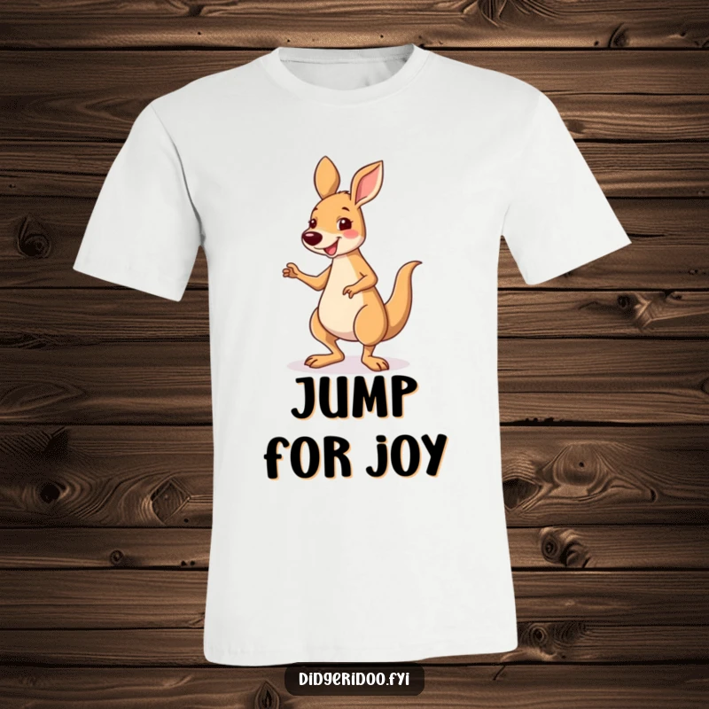 Funny smiling kangaroo character performing a silly little jig, printed on a t-shirt, ideal for cheerful gifts.
