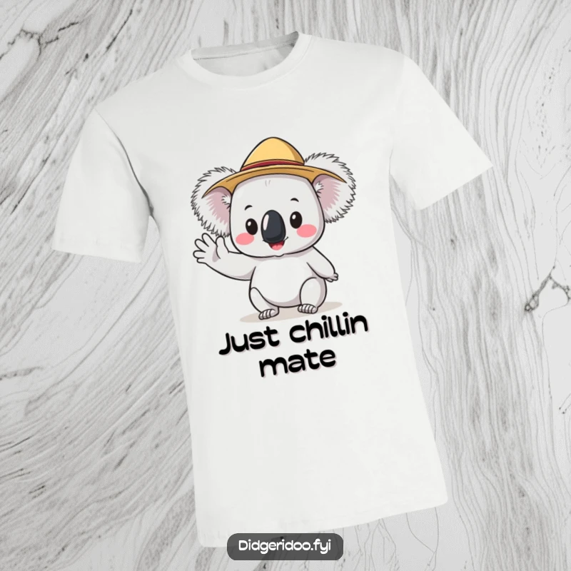 Funny Koala T-Shirt with a tiny Akubra hat waving hello, showcasing cute and humorous Australian-themed apparel.