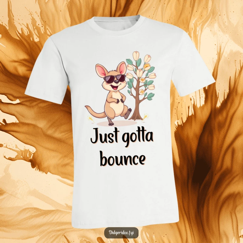 Funny wallaby t-shirt featuring a cool wallaby in sunglasses, hopping happily by a eucalyptus tree.