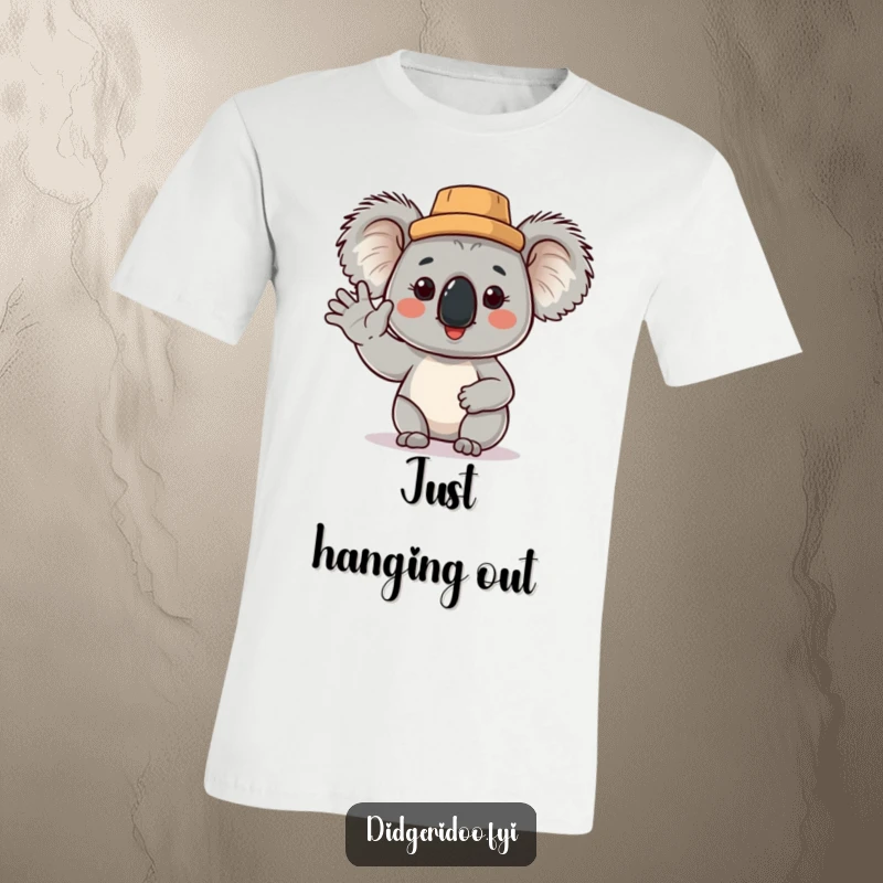 Funny Koala T-Shirt: a proud koala in a cork hat waves cheerfully, a delightful and humorous design for spreading Aussie cheer.