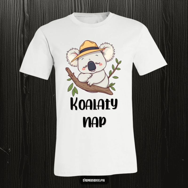 Funny T-Shirt with a smiling koala, Akubra hat, and a sleepy expression, snoozing on a branch.