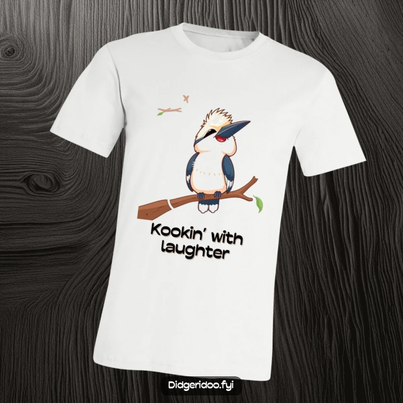 Funny Laughing Kookaburra T-Shirt: A kookaburra perched on a branch, head tilted back, laughing heartily with wide- open beak.