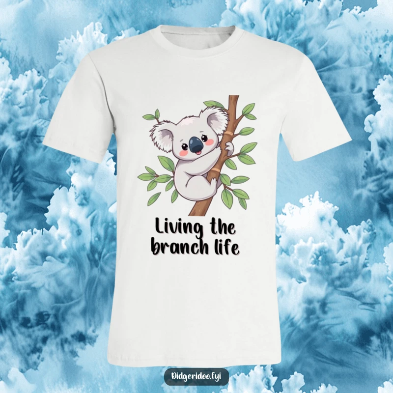 Funny Koala T-Shirt with a happy, content koala peacefully clinging to a eucalyptus branch, perfect for relaxation.