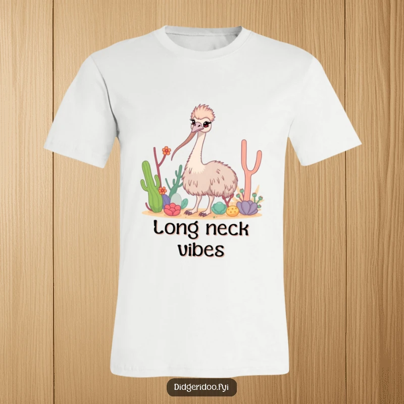 Funny Emu T-Shirt showcasing a curious emu with a long neck gracefully weaving through stylized desert flora.