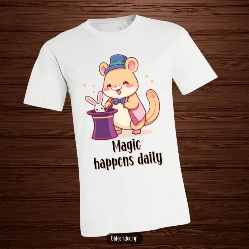 Funny platypus magician t-shirt with a giddy cartoon platypus pulling a rabbit from a hat, a humorous and magical apparel gift.