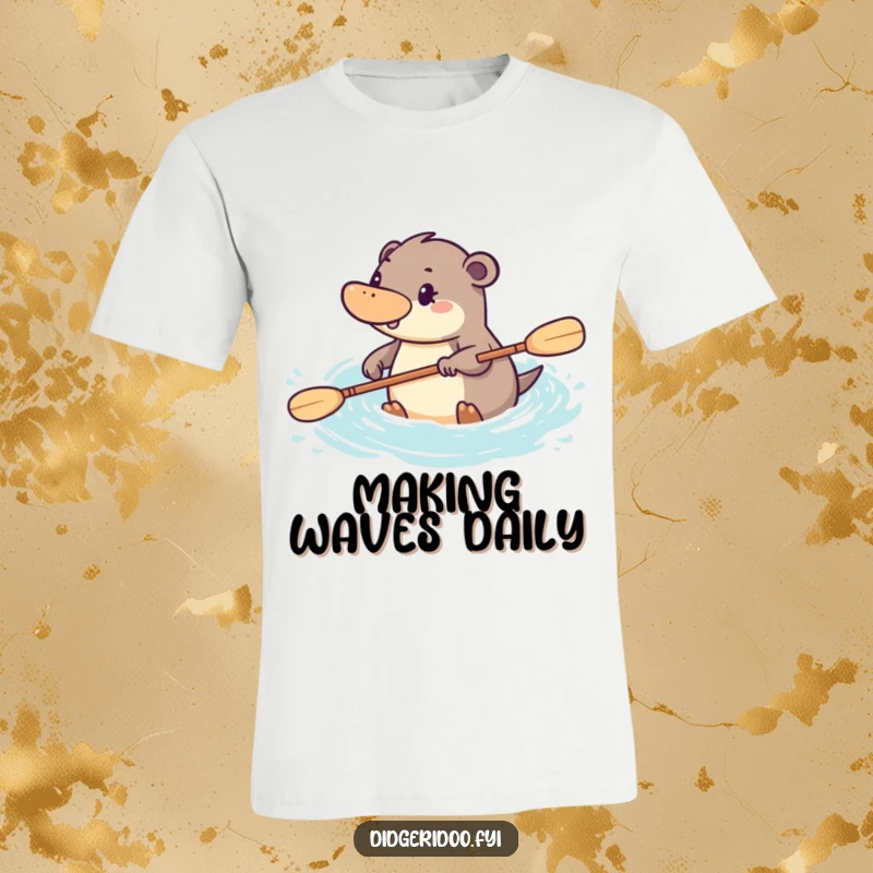 Funny platypus t-shirt depicting a determined character paddling with great energy through stylized water, embodying perseverance.
