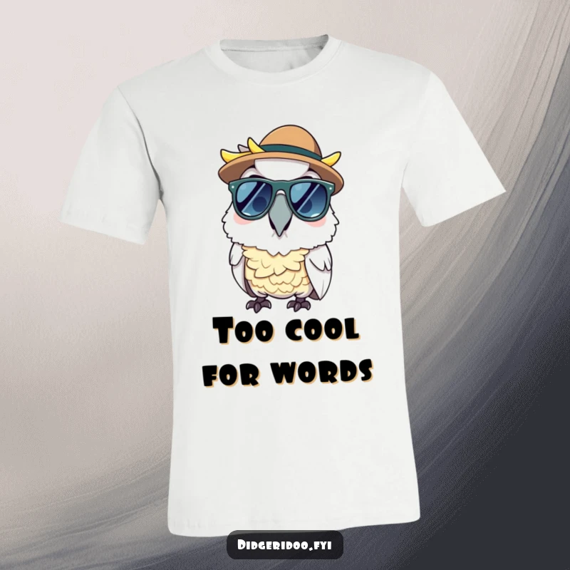 Funny cheerful cockatoo wearing sunglasses and an Akubra hat, printed on a t-shirt, ideal for cool gifts.