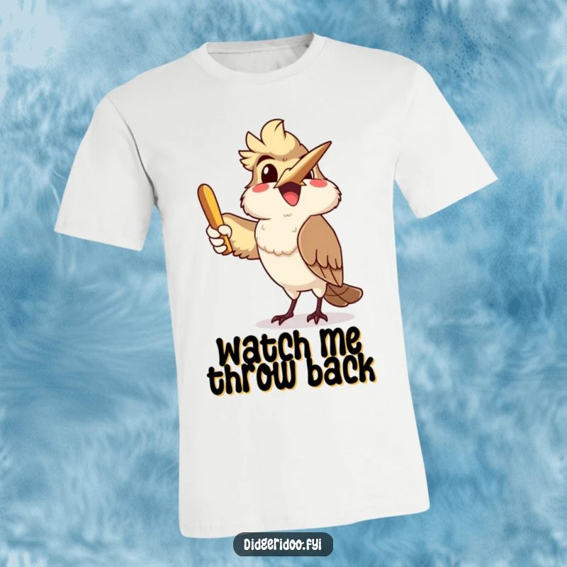 Funny, delighted kookaburra character joyfully throwing a boomerang on a comfortable t-shirt, radiating happiness and Aussie charm.