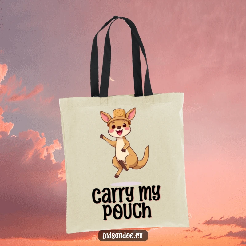 Funny kangaroo character tote bag, wearing a tiny cork hat and jumping high, designed for carrying items with Aussie-themed joy and adventure.