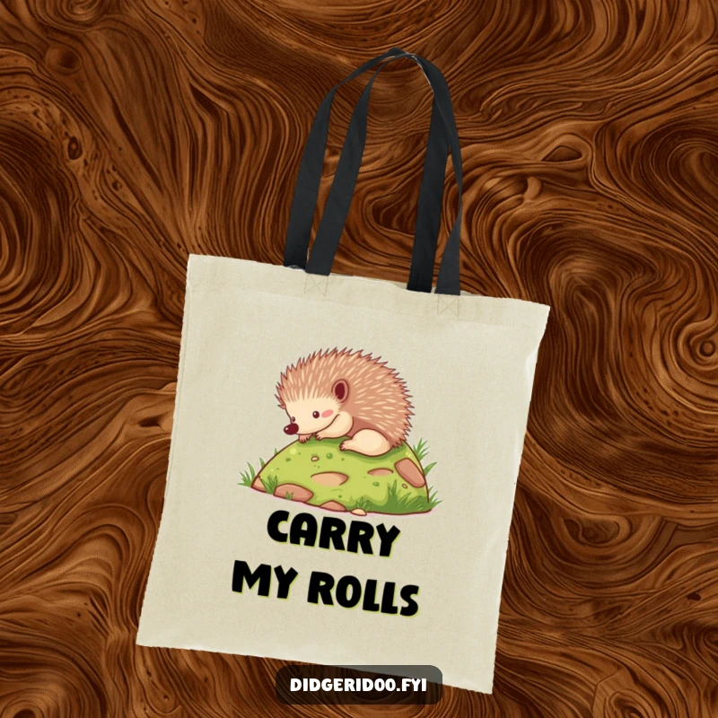 Funny cute echidna rolling down a grassy hill, on a chic and funny animal tote bag.