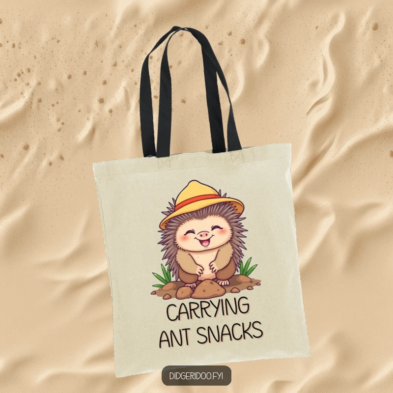 Funny Tote Bag displaying a cheerful echidna in a sun hat, happily digging with a grin. A humorous and functional accessory for gardeners.