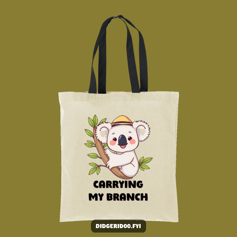 Funny Happy Koala Tote Bag, Hugging Eucalyptus Branch, Eco-Friendly Gift