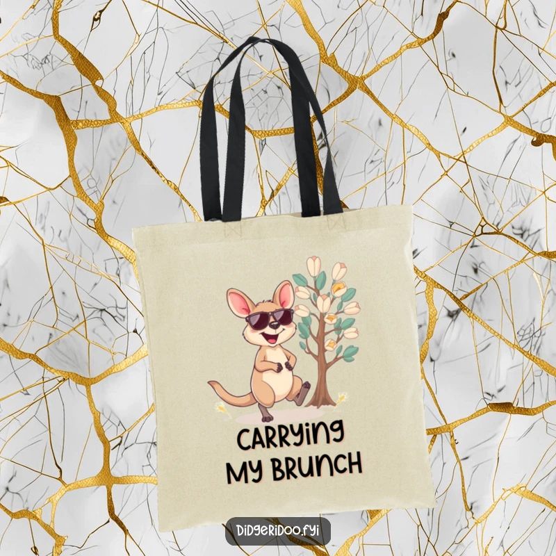 Funny wallaby tote bag with a cool wallaby in sunglasses hopping near eucalyptus, a chic and amusing accessory.