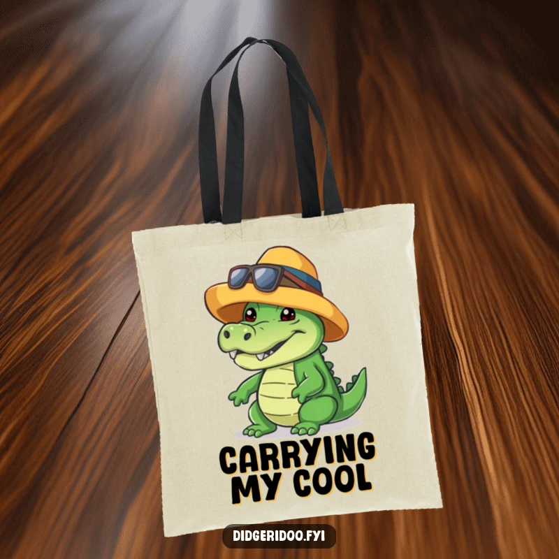Funny crocodile tote bag, wearing a cool hat, giving a friendly toothy grin, a stylish and humorous accessory.
