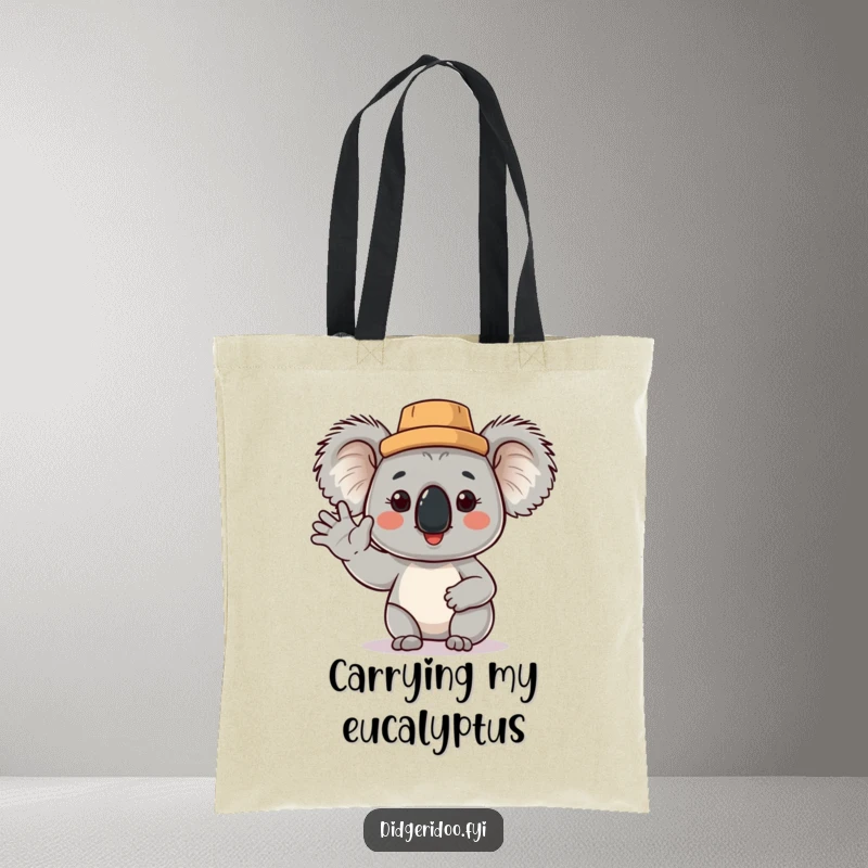 Funny Koala Tote Bag featuring a proud koala in a cork hat, cheerfully waving, perfect for carrying goods with a smile.