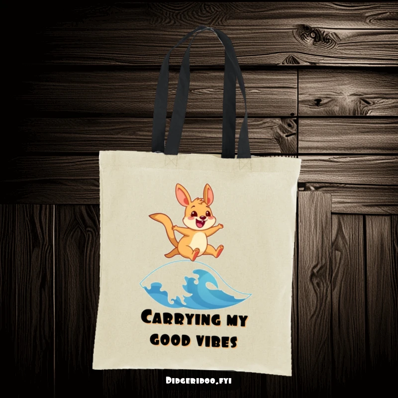 Funny tote bag featuring a cheerful wallaby masterfully leaping over a stylized wave, ideal for beach trips and carrying your humor.