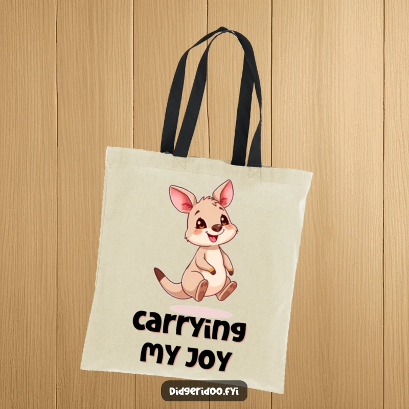 Funny Kangaroo Cub Tote Bag illustrating a happy, bouncing joey with a mischievous grin, ideal for everyday use.