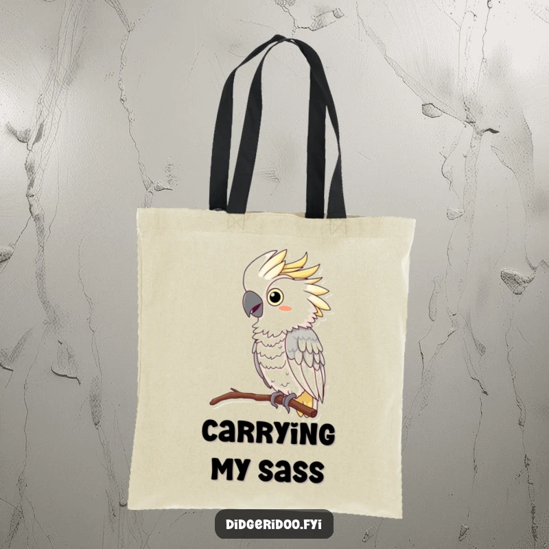 Funny Cockatoo Tote Bag: A curious cockatoo in a flamboyant feather boa perches and squawks, depicted on a stylish and humorous tote.