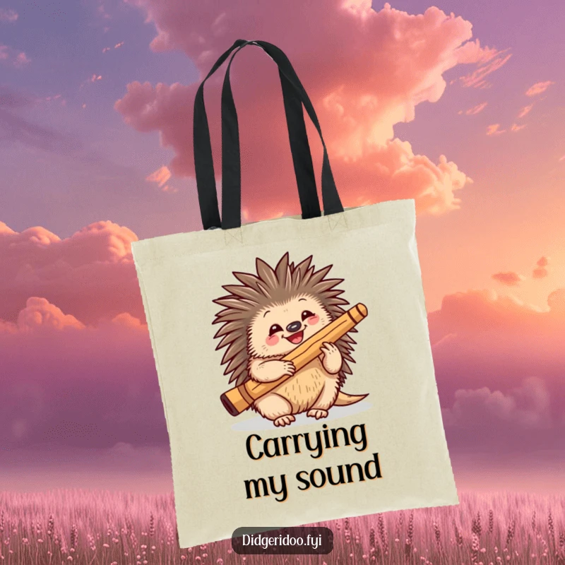 Funny playful echidna character happily playing a didgeridoo on a tote bag, ideal for music lovers.