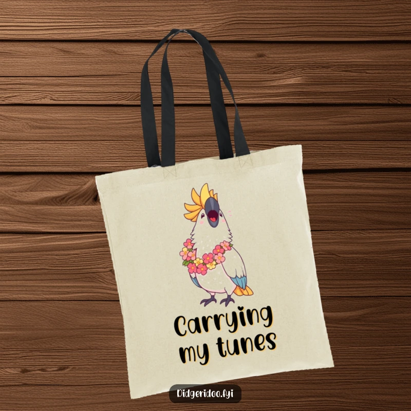 Funny Cockatoo Tote Bag: A proud cockatoo wearing a lei sings joyfully, making it a vibrant and humorous accessory.