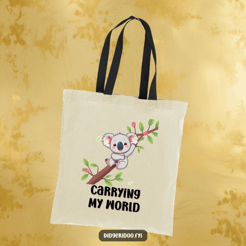 Funny koala tote bag showcasing a playful character joyfully dangling from a eucalyptus branch, perfect for everyday use with Aussie charm.