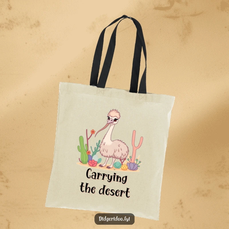 Funny Emu Tote Bag showing a curious emu with a long neck navigating stylized desert flora, perfect for carrying.