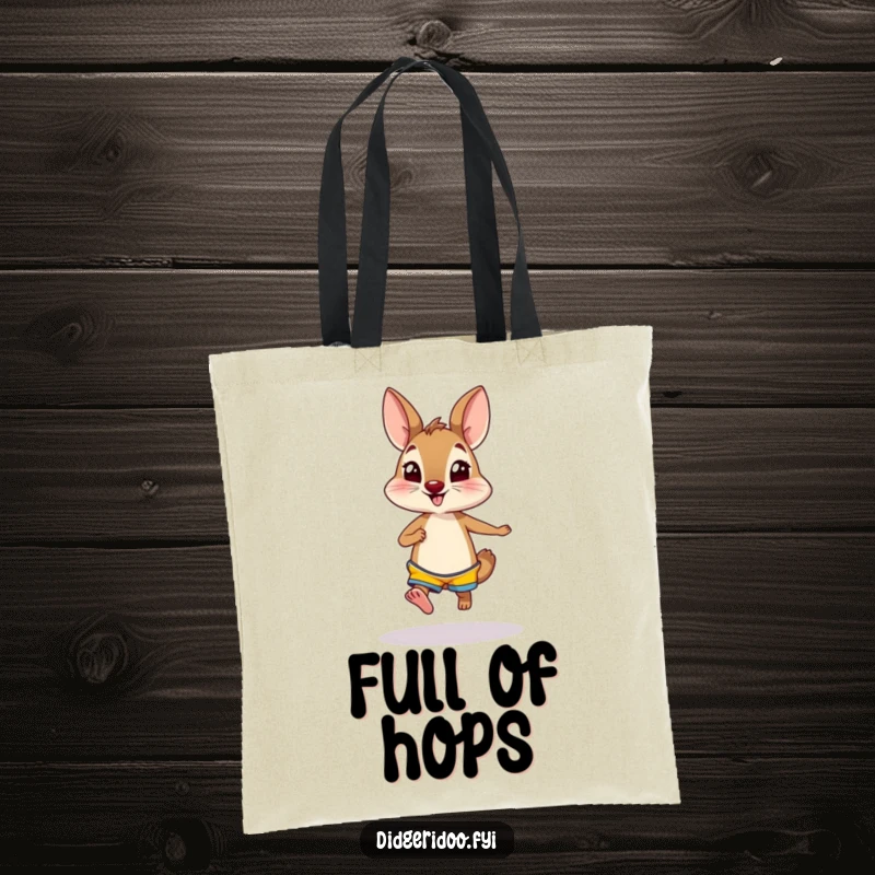 Funny wallaby in bright shorts hopping excitedly on a tote bag, a fun and practical accessory for carrying essentials with energy.