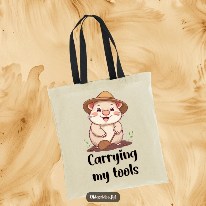 Funny tote bag featuring a cheerful wombat in a gardening hat, happily digging, perfect for carrying gardening supplies.