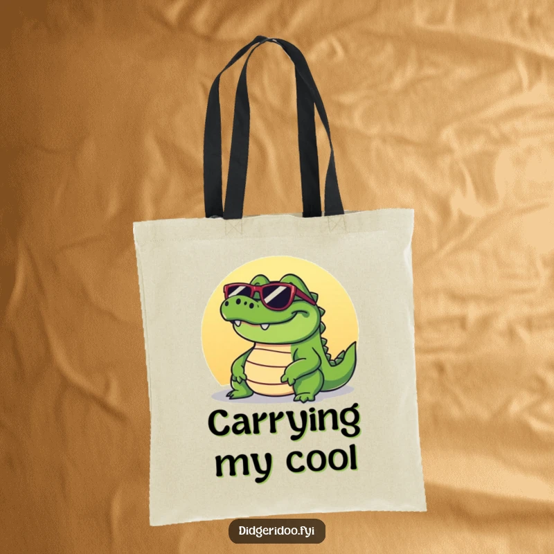 Funny crocodile tote bag showcasing a grinning reptile in sunglasses, basking in the sun, ready to carry your items stylishly.