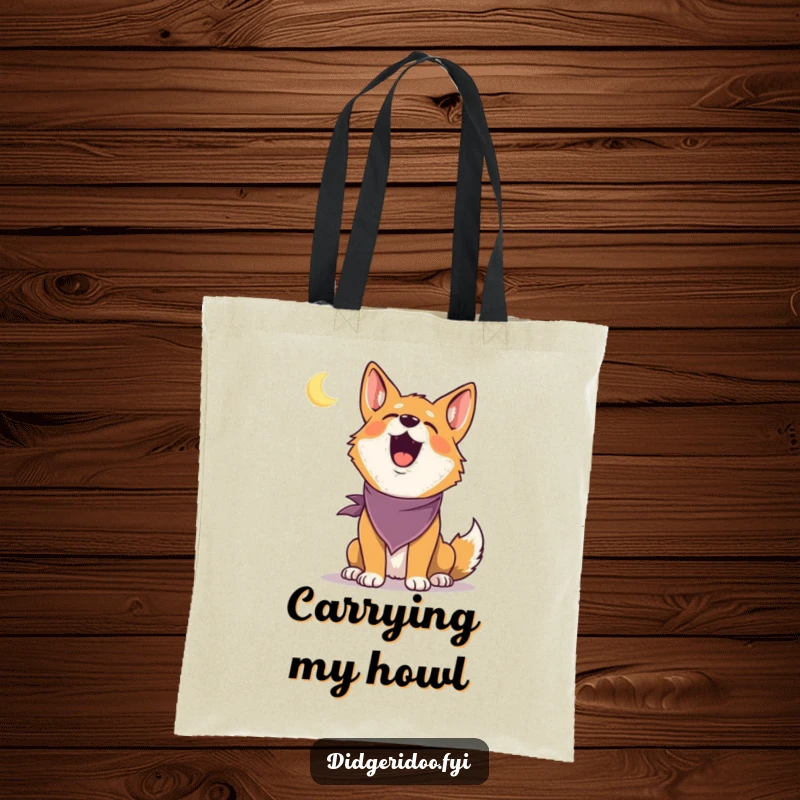 Funny Dingo Tote Bag: A delighted dingo in a bandana howls at a tiny moon, perfect for carrying humor and essentials.