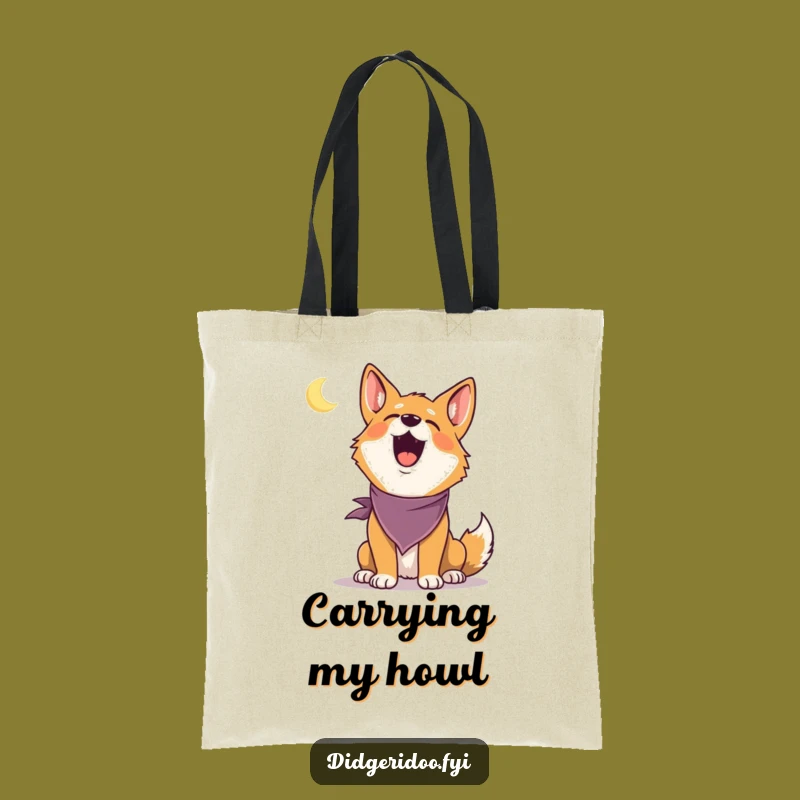 Funny Dingo Howling Tote Bag: Carry your laughs with a delighted dingo bandana howling at moon, unique funny gift.