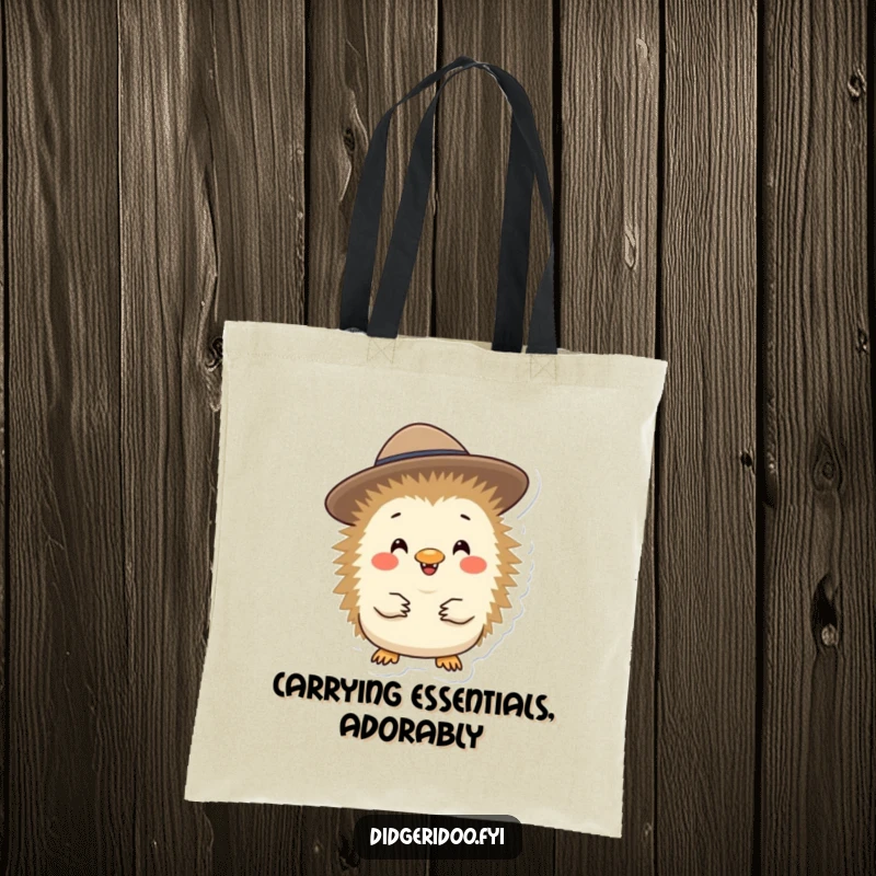 Funny echidna character in a small Akubra hat, looking cheerful and ready to carry your items in this durable tote bag.