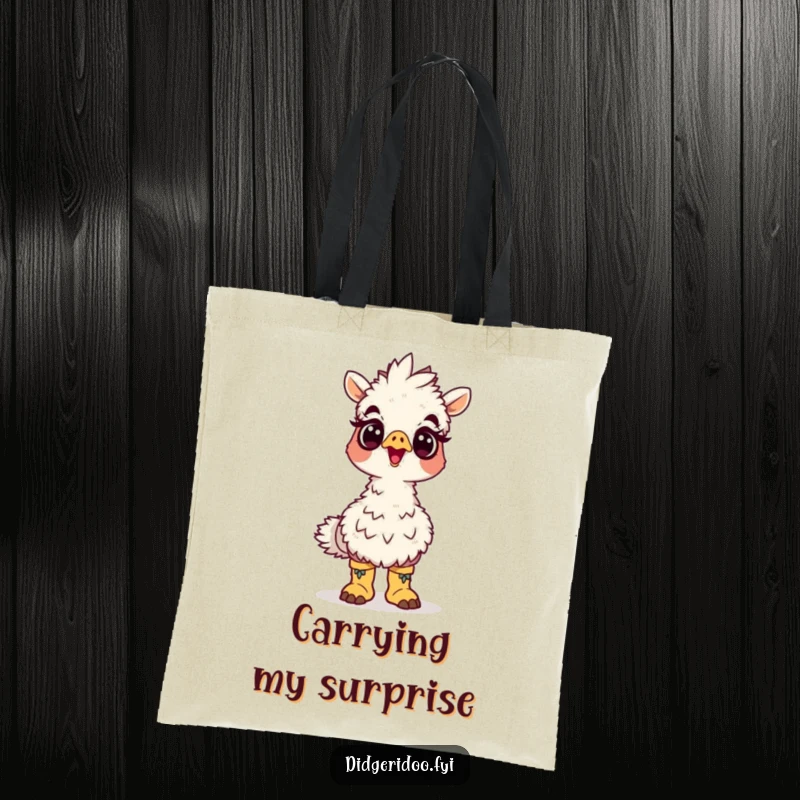 Funny emu boots tote bag with a surprised cartoon emu wearing tiny boots looking up, a humorous and practical gift.