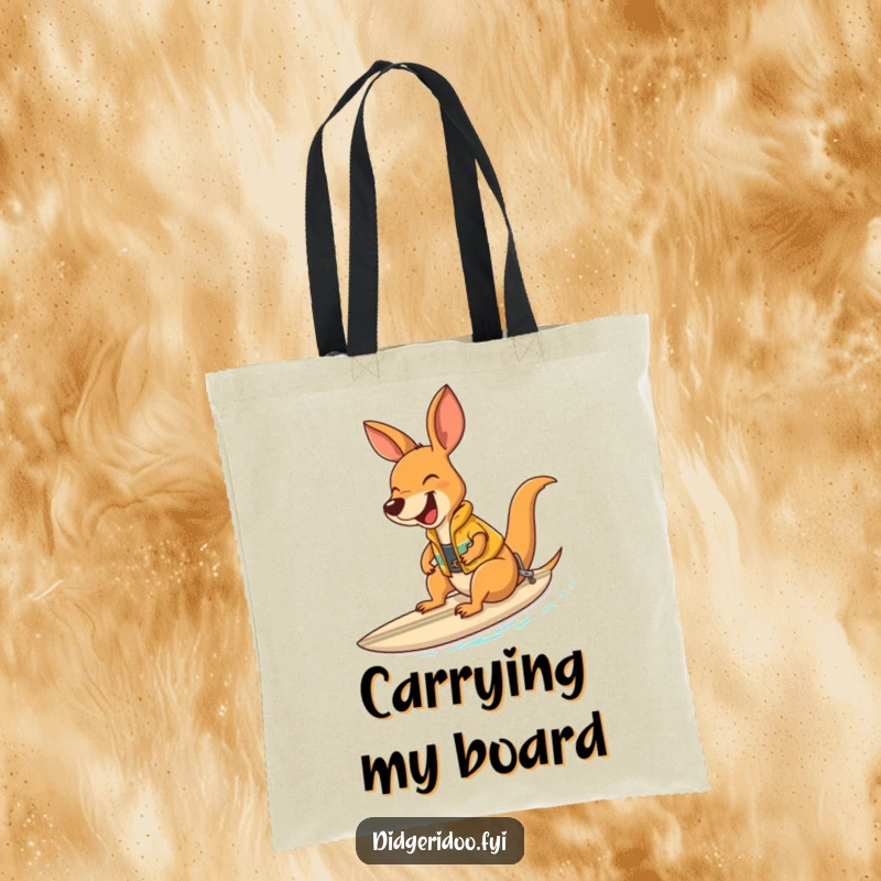 Funny kangaroo in a surf vest riding a surfboard, a humorous and practical tote bag.