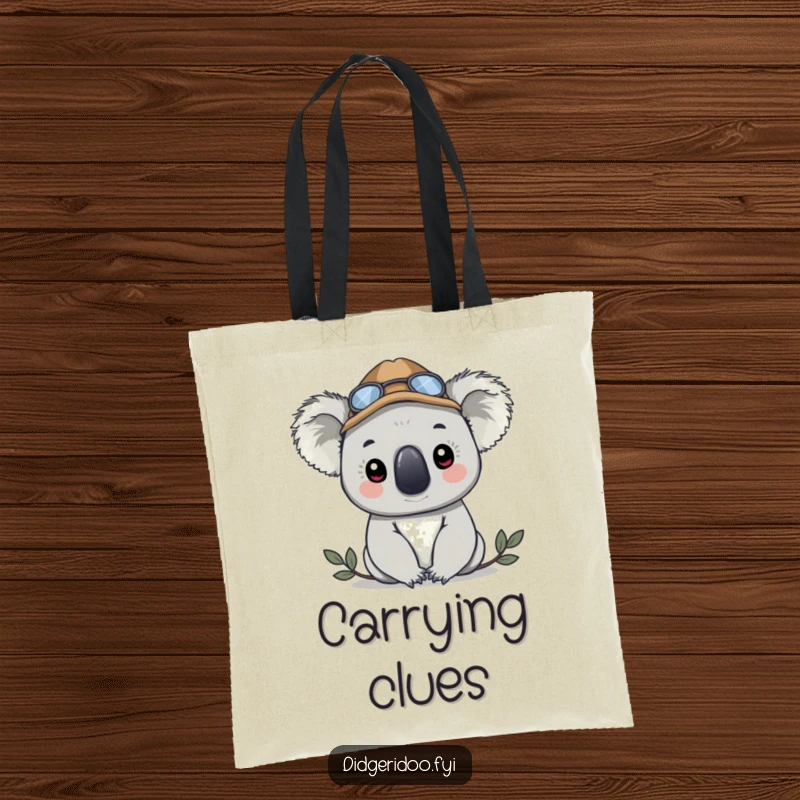 Funny koala in a detective hat, peeking from a durable tote bag, perfect for carrying essentials and solving mysteries.