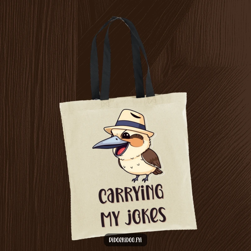 Funny kookaburra in a tiny Akubra hat, laughing heartily, humorously depicted on a practical and stylish tote bag.