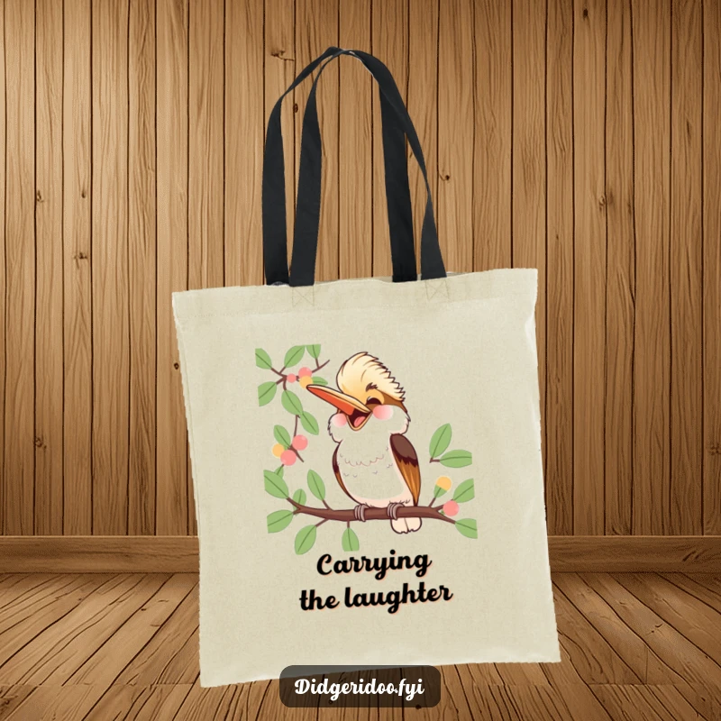 Funny Kookaburra Tote Bag: a jubilant kookaburra laughs heartily from a eucalyptus branch, perfect for carrying items with Aussie humor.