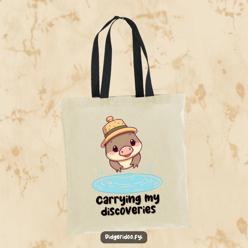 Funny platypus tote bag with a curious platypus wearing a cork hat, about to dive, symbolizing exploration.