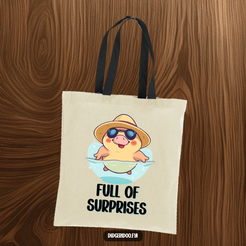 Funny Platypus Tote Bag: a smiling platypus in a sun hat dives playfully, perfect for carrying daily items with a humorous aquatic theme.