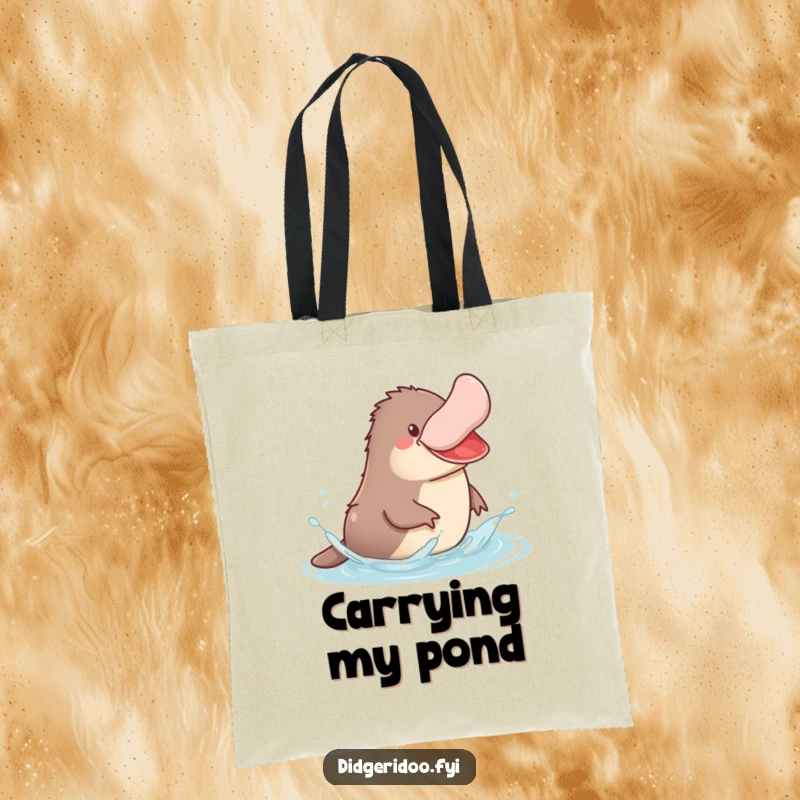 Funny Platypus Tote Bag showing a jovial platypus mid-splash in stylized water, perfect for carrying your items.