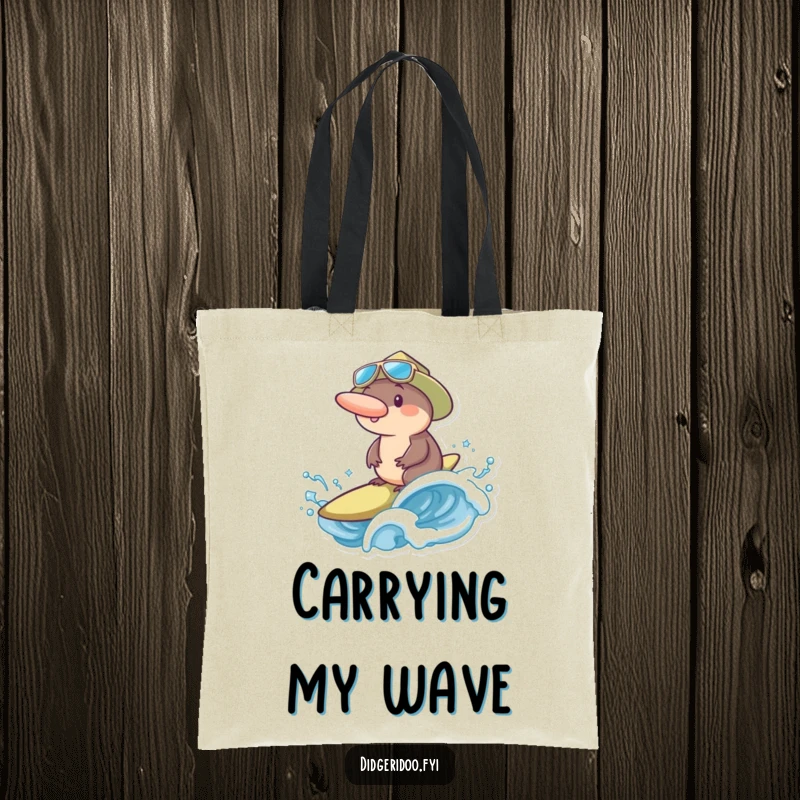 Funny platypus sporting a cool surf hat, joyfully riding a massive ocean wave, showcasing a vibrant and humorous coastal adventure.