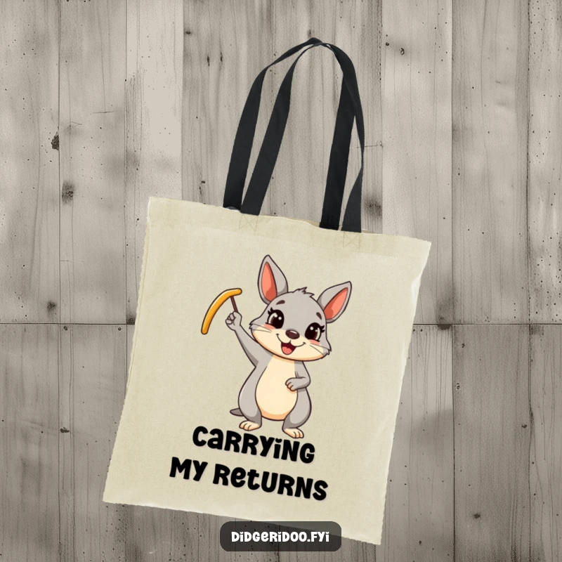 Funny wallaby boomerang tote bag with a cheerful cartoon wallaby waving a boomerang, a humorous and practical gift.