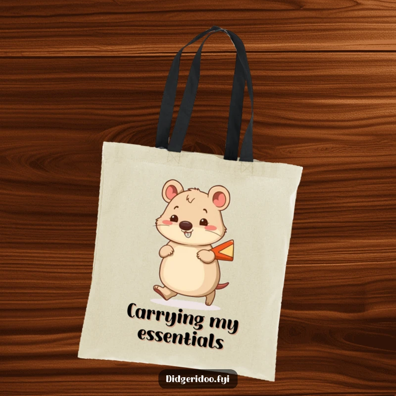 Funny wombat tote bag featuring a cheerful wombat waddling with a smile, holding a tiny boomerang, ready for errands.