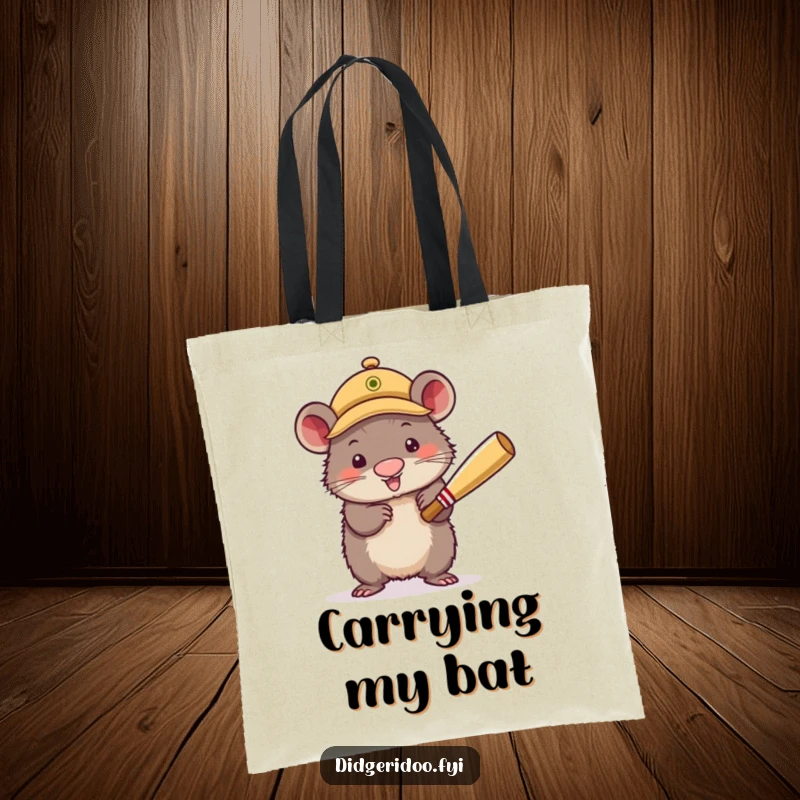 Funny Tote Bag displaying a wobbly wombat in a cricket cap, enthusiastically batting. A humorous and functional accessory for sports lovers.