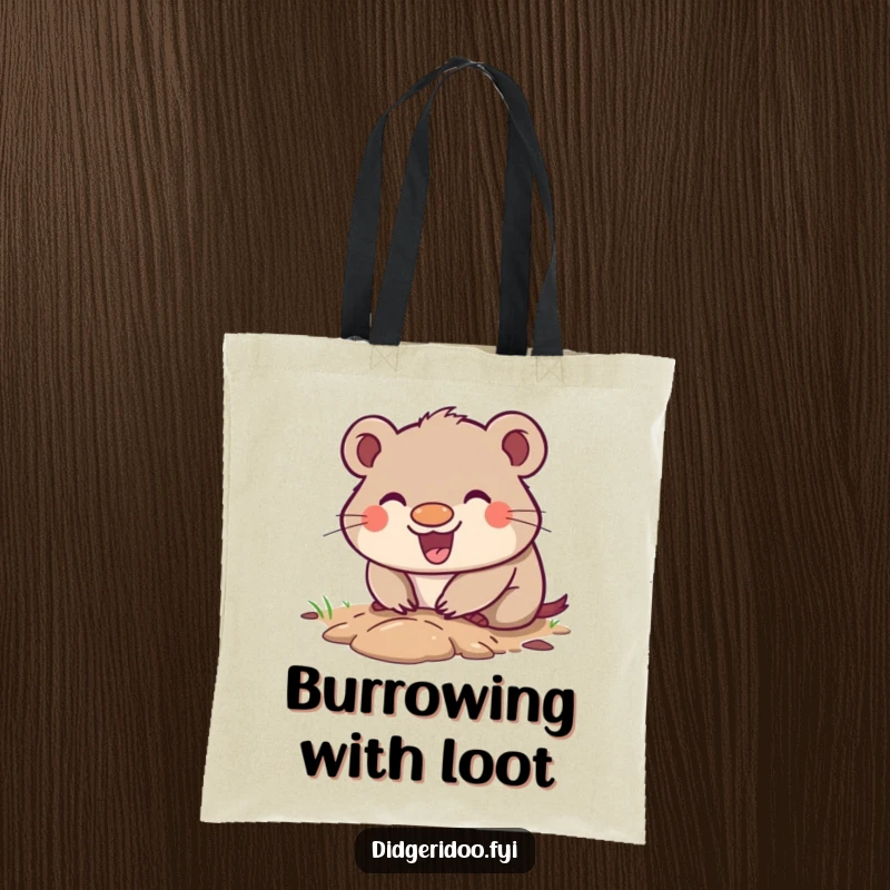 Funny Wombat Tote Bag with a happy grin, digging a small enthusiastic hole, ideal for carrying items with humorous Outback flair.