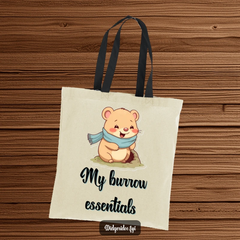 Funny wombat tote bag featuring a wombat in a scarf digging a hole, a functional and endearing accessory.