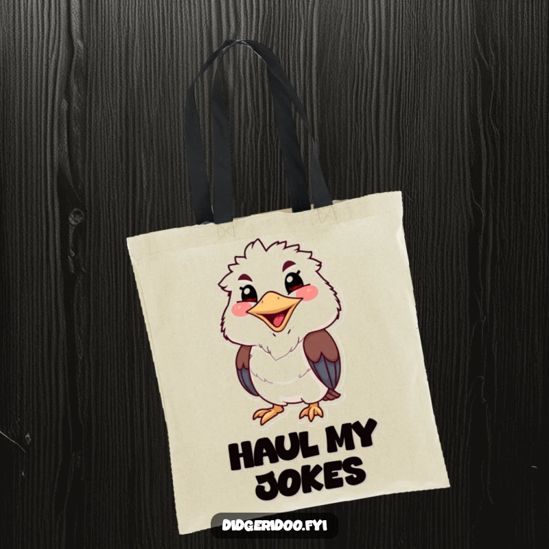 Funny kookaburra tote bag showcasing a grinning character with a wide, cheerful beak, perfect for carrying essentials with humor.