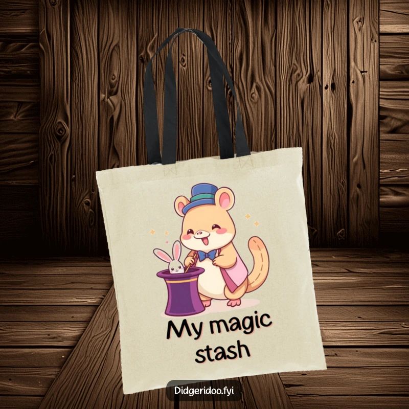 Funny platypus magician tote bag with a giddy cartoon platypus pulling a rabbit from a hat, a humorous and practical gift.